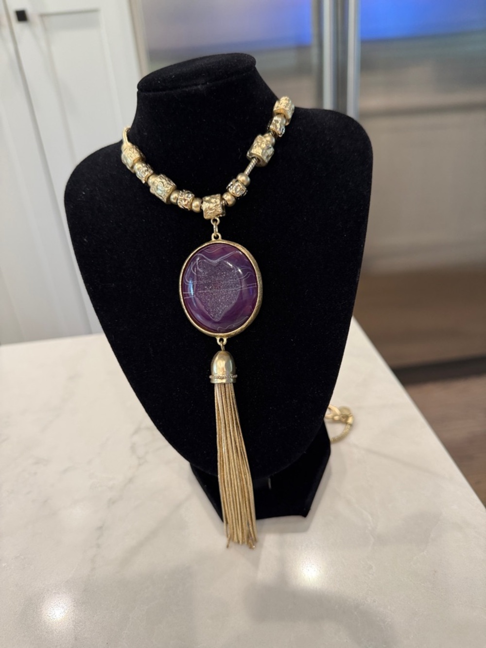 Chico's Gold Beaded Necklace with Purple Stone Pendant and Gold Tassel